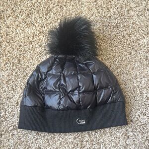 Moncler Black Quilted Hat with Pom Pom